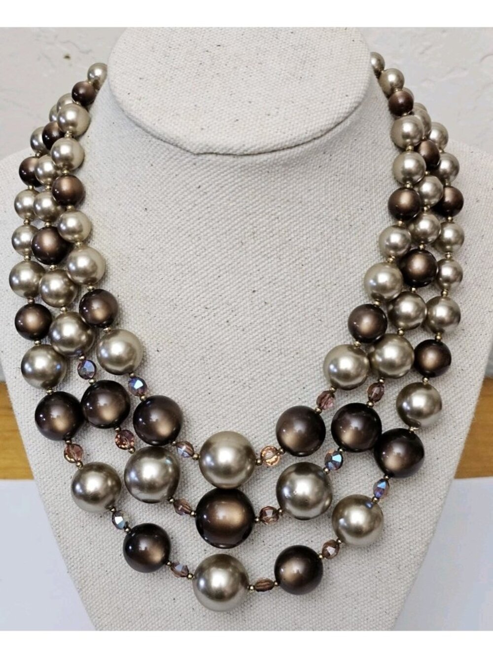 Vintage Multi Strand Faux Pearl Necklace Brown Champagne Crystal Beaded Statemen